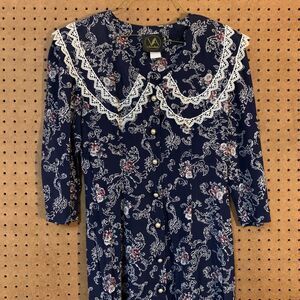 Vintage Dress 80s Victoria Ashley Lace Collar Button Front Floral Drop Waist